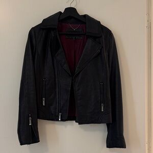BCBGMaxAzria Black Leather Jacket with Zipper Details